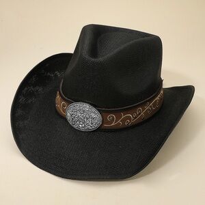 Metal Steer Head Emblem Studded Leather Band Western Straw Cowboy Fedora Hat
